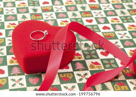Small Red Heart-Shaped Box And The Diamond Ring For Christmas Gift