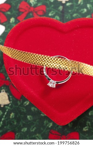 Small Red Heart-Shaped Box And The Diamond Ring For Christmas Gift