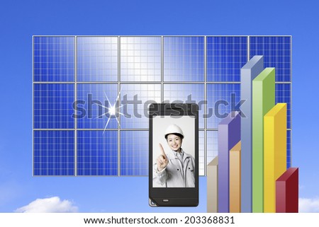 Solar Panel And Woman In Working Clothes In The Mobile Screen