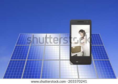 Solar Panel And Woman In The Mobile Screen