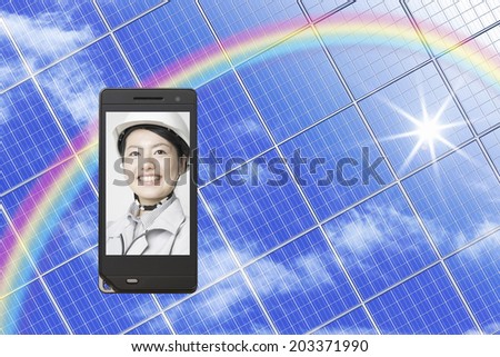 Solar Panel And Woman In Working Clothes In The Mobile Screen