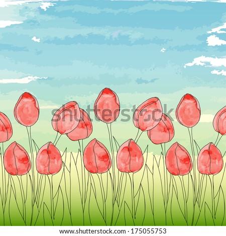 Vector template with spring flowers (tulips) on a blue sky background