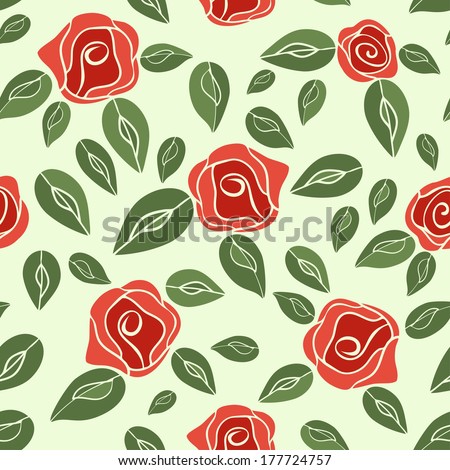 Vintage seamless pattern Roses (red with green). Red roses on a green background. Rose garden as seamless background. Rose pattern on green seamless background.