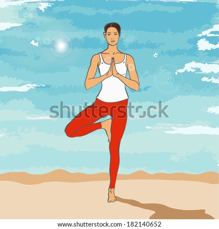 Girl in yoga\'s asana on the beach (Tree Pose (Vrikshasana)). Yoga illustration. Woman makes exercises on a mountain background. Yoga on the beach.