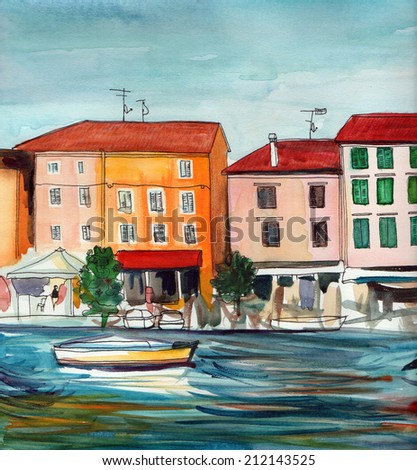 Watercolor. Picture with a seaside town, boat and sea. Boat on the waves on the background of the southern city. Embankment, sea, boat, houses. Croatia. Voyage, coast. Watercolor seascape, sea view.
