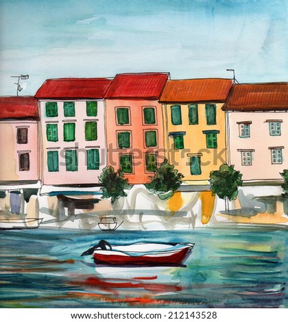 Watercolor. Picture with a seaside town, boat and sea. Boat on the waves on the background of the southern city. Embankment, sea, boat, houses. Croatia. Voyage, coast. Watercolor seascape, sea view.