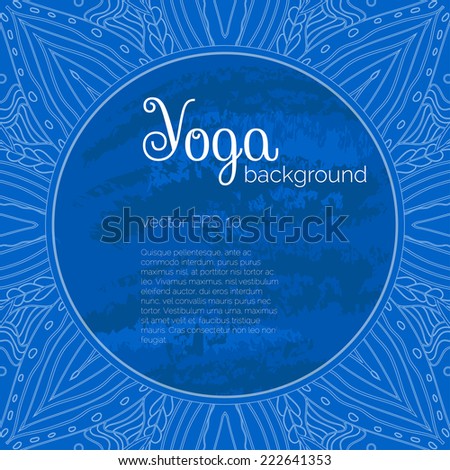 Vector yoga illustration. Abstract fantasy yoga background. Name of yoga studio on a blue background.  Yoga sticker with a circle logo on a blue background. Yoga center, recreation, healthy lifestyle.