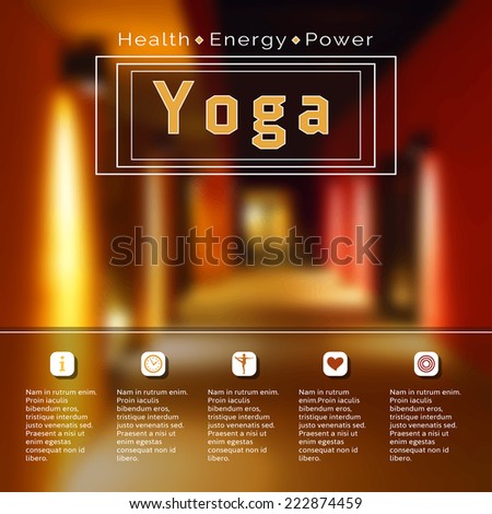 Vector yoga illustration. Name of yoga studio on a city background. Yoga class motto. Yoga sticker with a building. Yoga exercises, recreation, healthy lifestyle. Yoga poster with a city view.