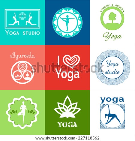 Set of yoga logos. Vector yoga illustration. Set yoga icons. Elements of yoga poster. Logo graphics and logo symbols. Yoga class, yoga center, yoga studio. Yoga sticker.  Healthy lifestyle. Recreation