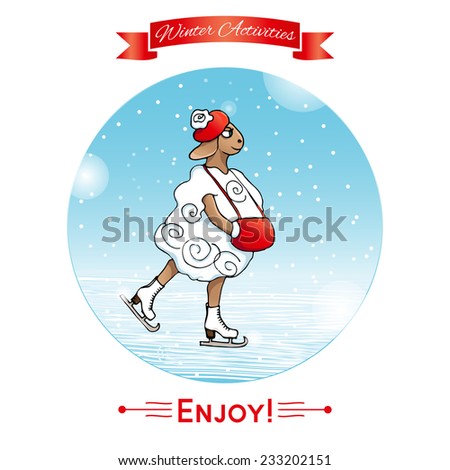 Winter activities, winter sport. Lamb skates, ice-skates. Winter poster. Poster, card with sheep on a winter snow background. Merry Christmas and Happy New Year.