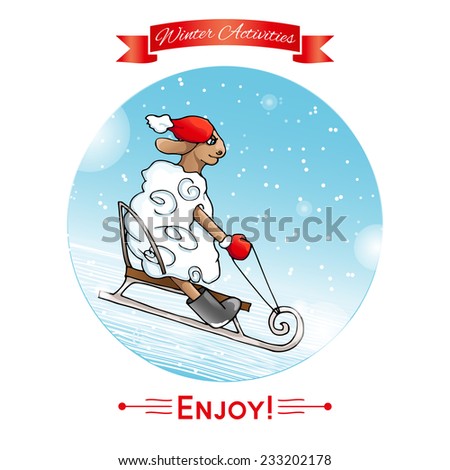 Winter activities. Winter sport. Lamb rolls sledding from a hill. Lamb in red hat and mittens.Winter poster. Poster, card with sheep on a snow winter background. Merry Christmas and Happy New Year.