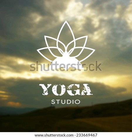 Vector yoga illustration. Name of yoga studio on a nature background. Yoga class motto. Yoga sticker. Yoga exercises, recreation, healthy lifestyle. Poster for yoga class with a Crimean landscape.