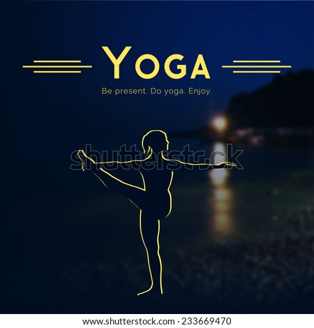 Vector yoga illustration. Name of yoga studio on a night sea background. Yoga class motto. Yoga sticker. Yoga exercises, recreation, healthy lifestyle. Poster for yoga class with a Crimean landscape.