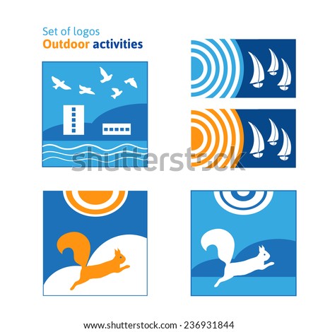 Set of logos Outdoor Activities. Rest, outdoor recreation. Vacation outdoors. Regatta, sailboats. Travel, hike. Vector illustration.