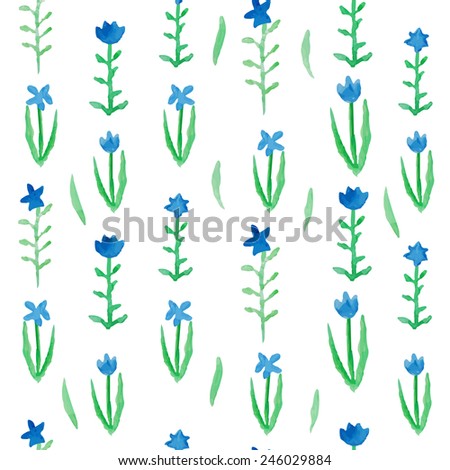 Floral seamless pattern blue flowers with green leafs. Aquarelle blue flowers. Spring garden as seamless pattern on a white background. Spring flowers pattern. Watercolor with blue flowers.