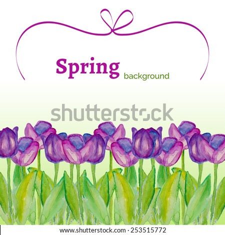 Template with spring flowers with watercolor texture. Spring background with purple tulips. Spring sale. Poster with spring flowers. Vector floral illustration. Spring season.