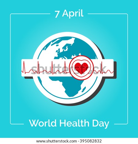 Vector linear illustration. Poster for 7 April, World Health Day. The Earth in blue and white colors in flat style. Globe and normal cardiogram as a concept for World Health Day. Healthy planet.