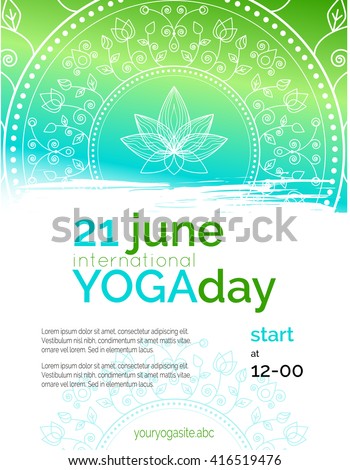 Vector yoga illustration. Template of poster for International Yoga Day. Flyer for 21 june, Yoga day. Lotus contour on ethnic pattern backdrop. Flat design. Linear illustration on gradient background.