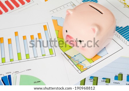 Pink piggy bank with printed out business charts