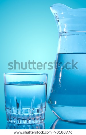 Glass and water pitcher on blue background