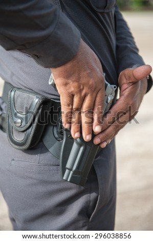 Riot police practice of using armed tactical pistol.
