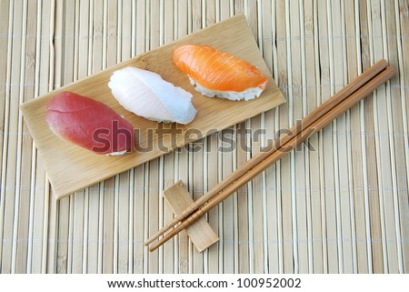 Set of sushi on the bamboo plate