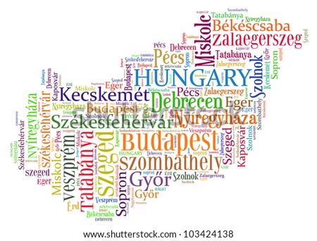 Hungary map and words cloud with larger cities