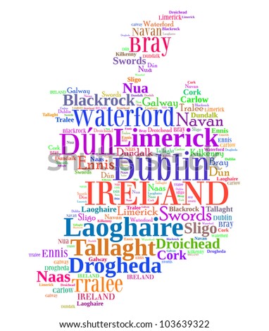 Ireland map and words cloud with larger cities