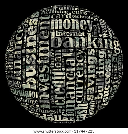 Banking info-text graphics and arrangement concept on black background (word cloud)