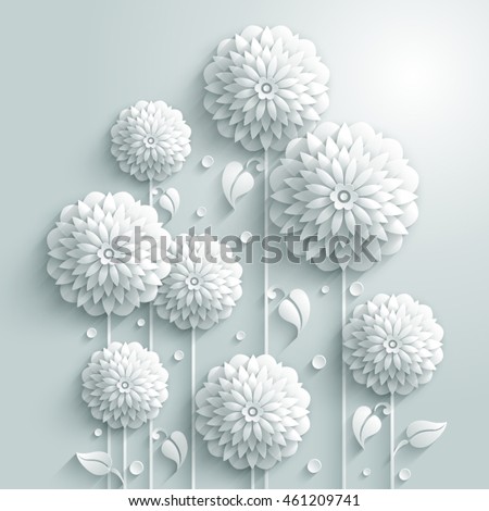 Vector background with decorative white round flowers and drops in 3D white style