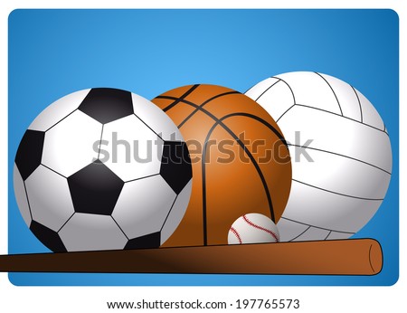 set of different sports equipment, soccer ball, basketball, volleyball, and baseball with bat on a blue background