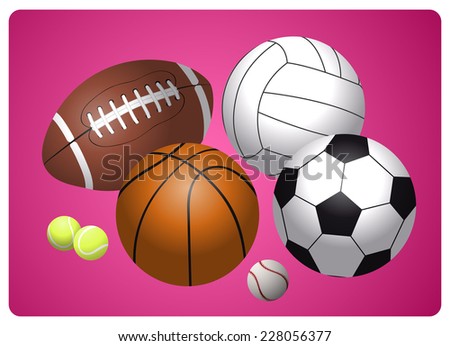 set of different sports equipment, football, soccer ball, basketball, volleyball, tennis balls, baseball on fuchsia background