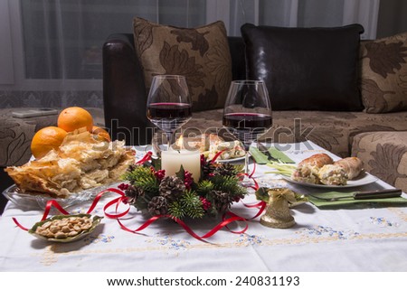 Holiday Table With Appetizers, Food and Wine