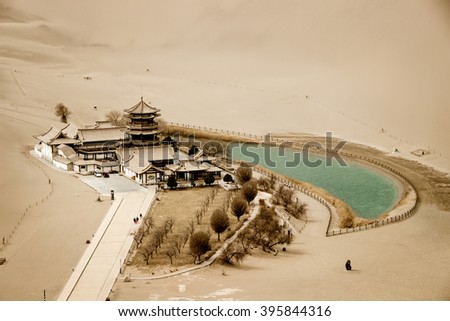 Mingsha shan desert and Crescent moon lake in Dunhuang, Gansu, China
