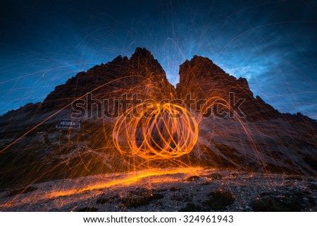 Steel Wool fire in Dolomites Mountains - Tre Cime de Lavaredo