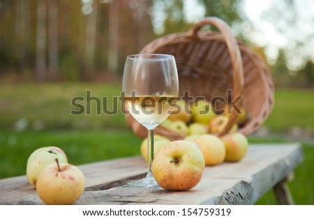 apple cider in a chilled wine glass, rustic settings with apples and wicker basket