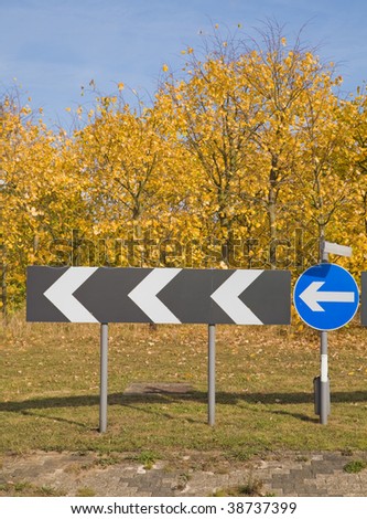 blue and black arrows of a roundabout sign, autumn linden trees