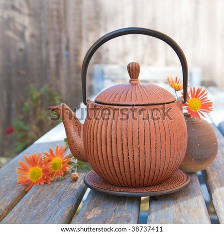 autumn tea - traditional japanese cast iron teapot, tetsubin, and orange chrysanthemums, set outside