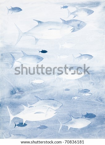 watercolor painting of tuna fish shoal in blue color scheme;