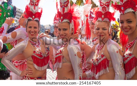 LAS PALMAS - February 17: Samba drummer and dancer groups assemble for the Las Canteras beach carnival  parade, February 17, 2015 in Las Palmas, Gran Canaria, Spain