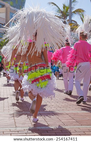 LAS PALMAS - February 17: Samba drummer and dancer groups take part in the Las Canteras beach carnival  parade, February 17, 2015 in Las Palmas, Gran Canaria, Spain