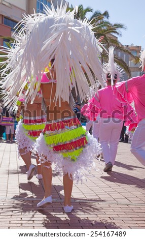 LAS PALMAS - February 17: Samba drummer and dancer groups take part in the Las Canteras beach carnival  parade, February 17, 2015 in Las Palmas, Gran Canaria, Spain