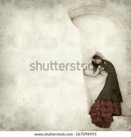 textured old paper background with flamenco dancer in a ruins of old church