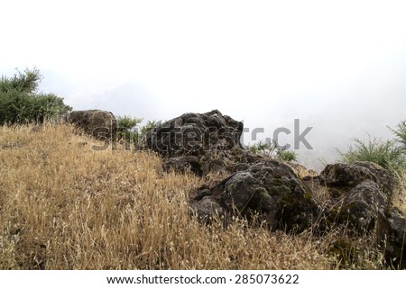 edge of the world, foggy abyss beyond mossy rocks with some outlines of mountains visible, pure white above