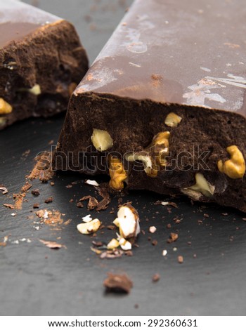 very thick brick of chocolate with walnuts, speciality chocolate of Cantabria, where the walnuts are harvested in large quantities