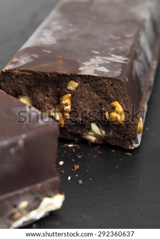 very thick brick of chocolate with walnuts, speciality chocolate of Cantabria, where the walnuts are harvested in large quantities