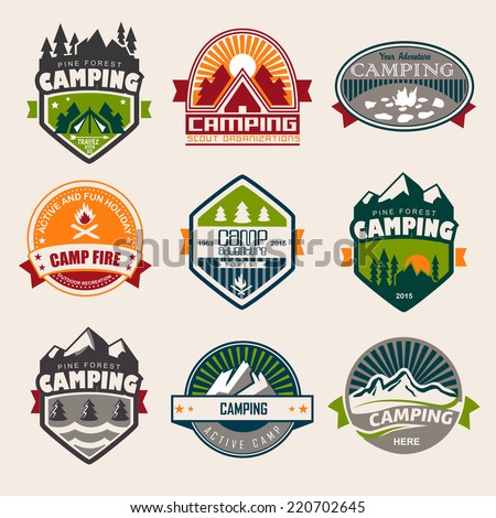 Set of mountain adventure and expedition logo badges. Camping