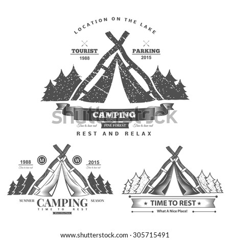 Retro vector vintage camp label and logo graphics. Camping outdoor, adventure and explorer