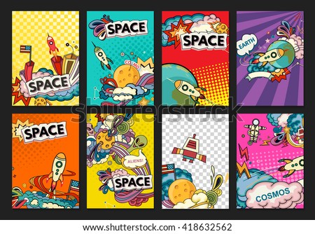 Cartoon vector illustration of space. Moon, planet, rocket, earth, cosmonaut, comet, universe. Classification, milky way. Hand drawn. Comics cosmos.