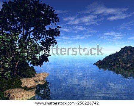 A beautiful scenic landscape, computer rendering image, with trees on rocky beach.